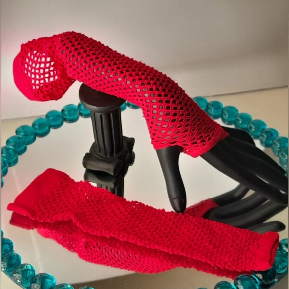Fingerless Fishnet Red Arm Sleeve Mesh Gloves